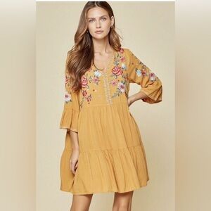 Savanna Jane Floral Embroidered Babydoll Dress Flowerl Embroidery Mustard Gold